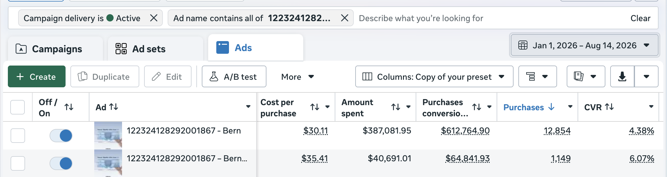The โUgly Adโ year-two results: Meta Ads Manager showing $612,764.90 and $64,841.93 in purchase conversion value across two ad variants